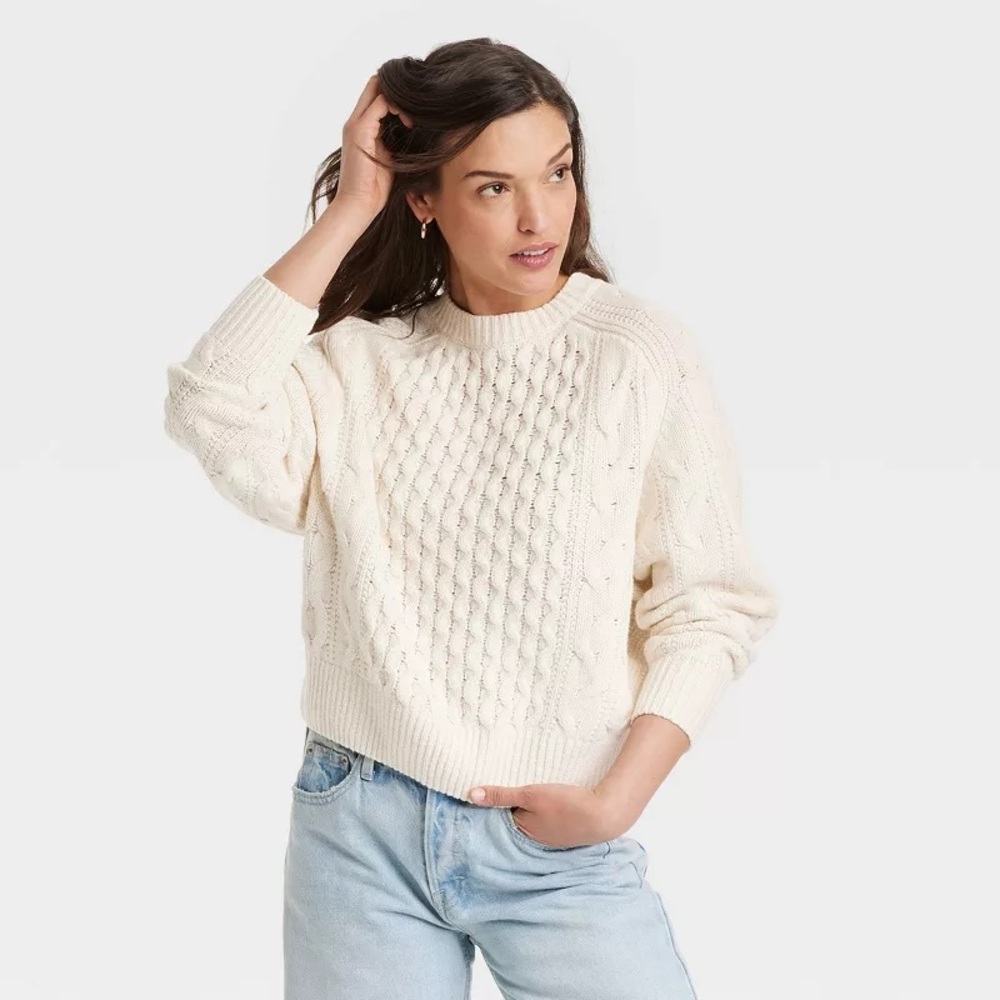 A New Day Ivory Cable Knit Sweater Size XS